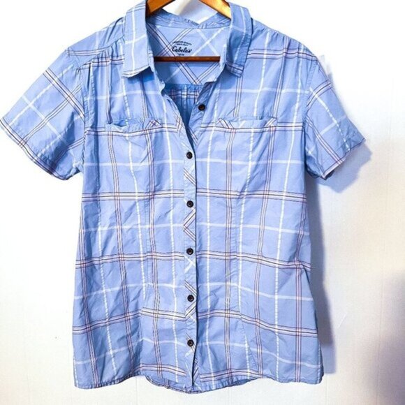 Cabela's Women's Blue/White Plaid Short Sleeve Casual Button-Down Shirt Top M - Picture 2 of 8